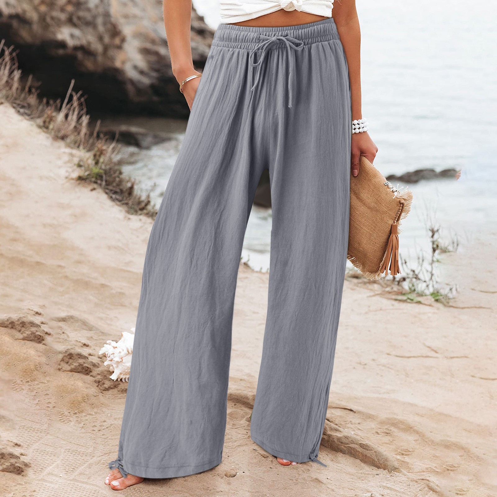 thumbnail image 4 of Pantalones holgados de algodón para mujer: pantalones de cintura alta con cordón, 90 % algodón/10 % poliéster, trabajo/ocio, todas las estaciones, 4 of 8